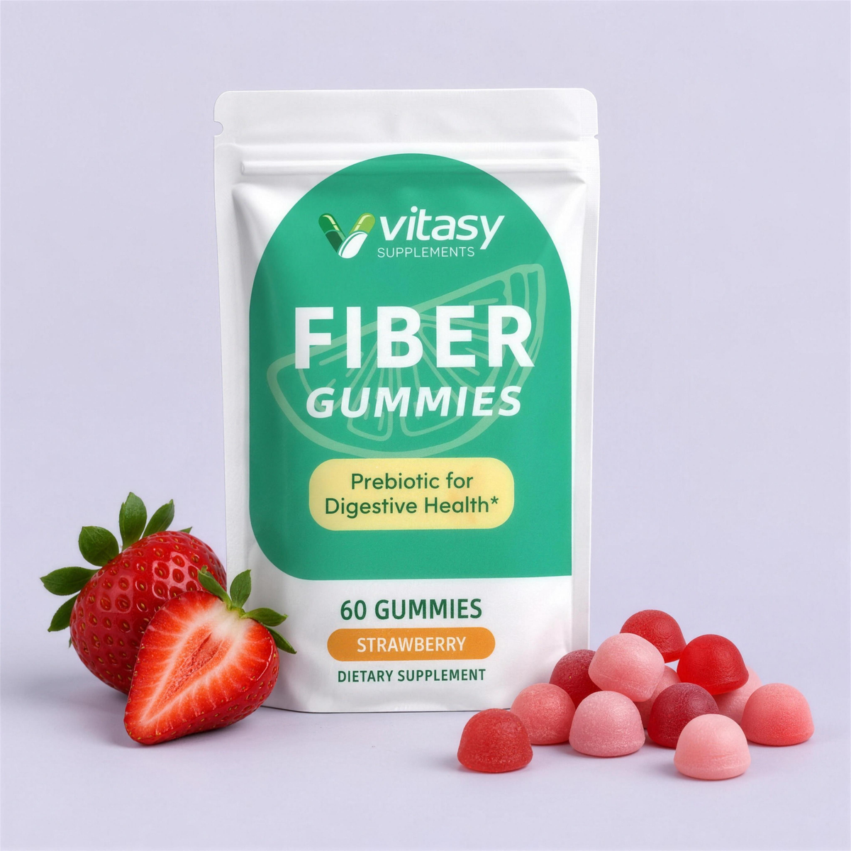Fiber Gummies pouch with fresh strawberries and gummies