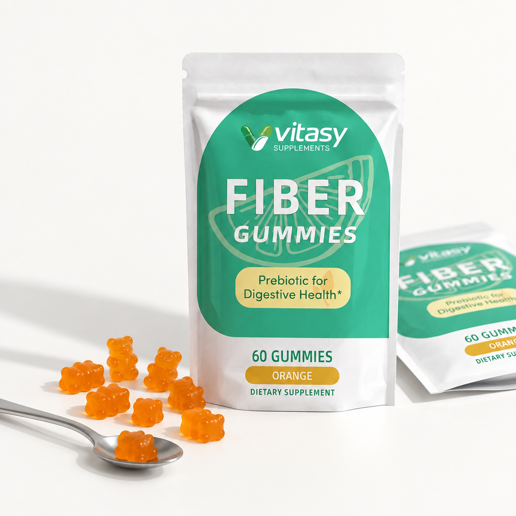 Fiber Gummies - Orange pouch on white with loose gummies and spoon