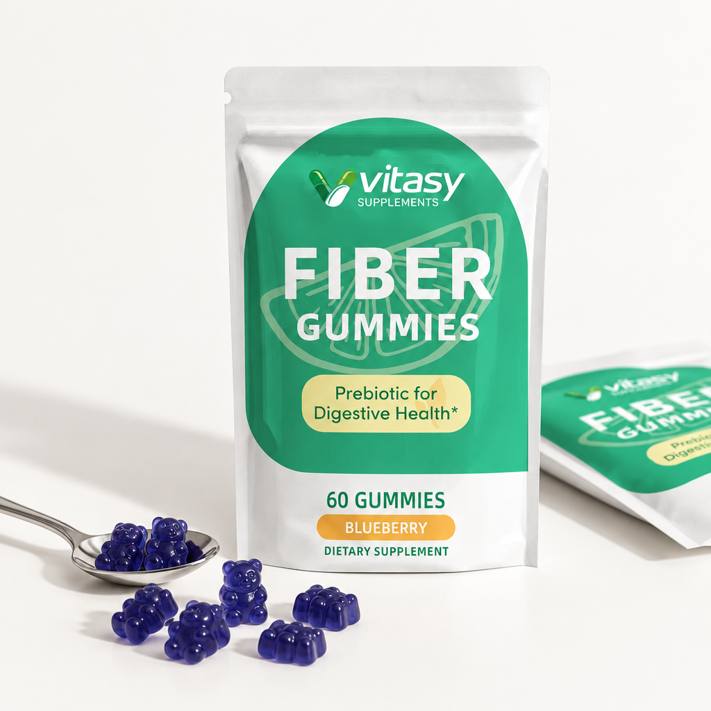 Fiber Gummies - Blueberry pouch on white with loose gummies and spoon