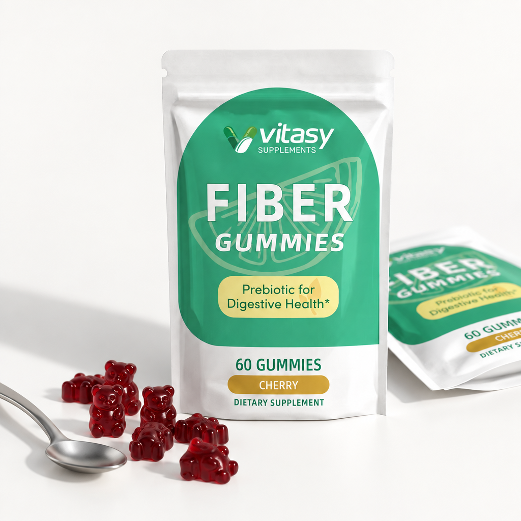 Fiber Gummies - Cherry pouch on white with loose gummies and spoon