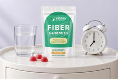 Fiber Gummies pouch on a bedside table with a glass of water and alarm clock