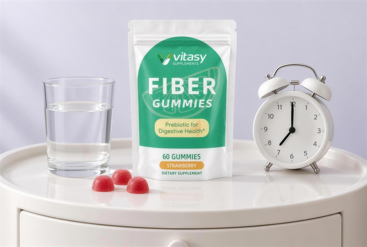 Fiber Gummies pouch on a bedside table with a glass of water and alarm clock