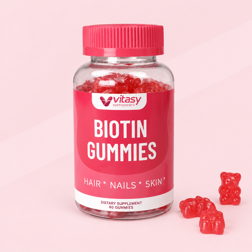 Biotin Gummies Strawberry packshot on blush pink background