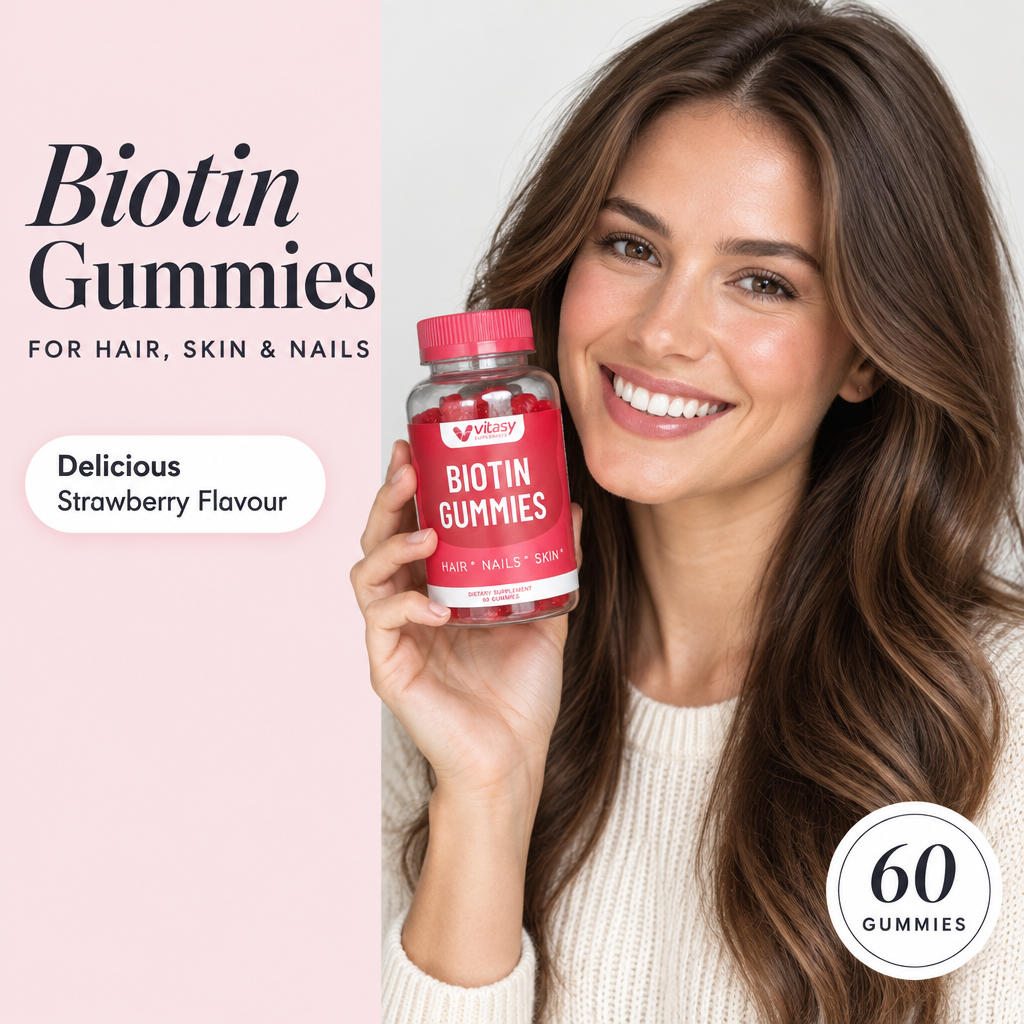 Woman holding Biotin Gummies Strawberry, for hair, skin and nails, 60 gummies