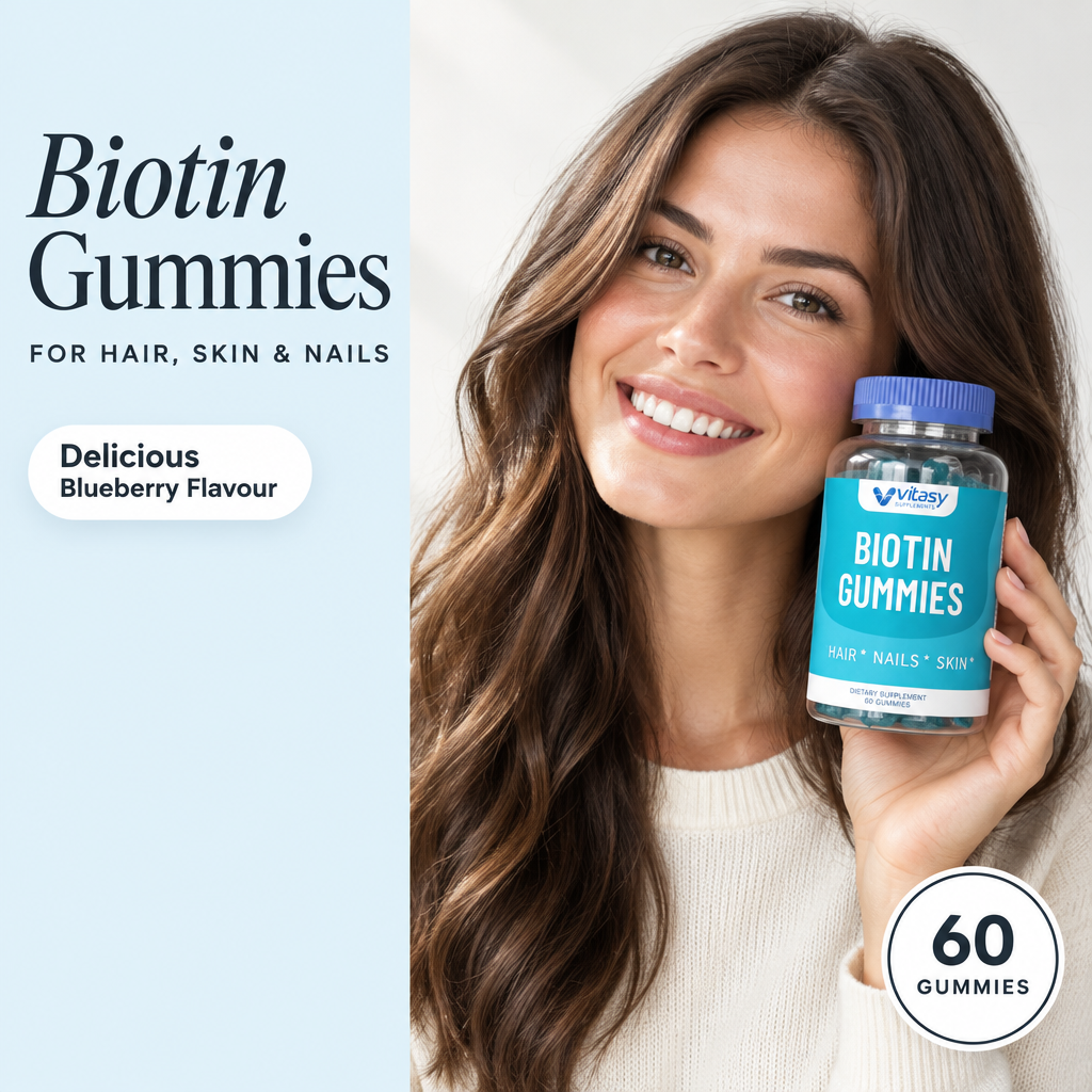 Woman holding Biotin Gummies Blueberry, for hair, skin and nails, 60 gummies
