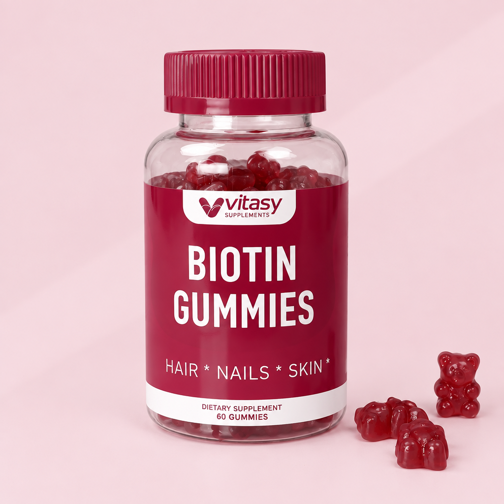 Biotin Gummies Cherry packshot on dusty rose background