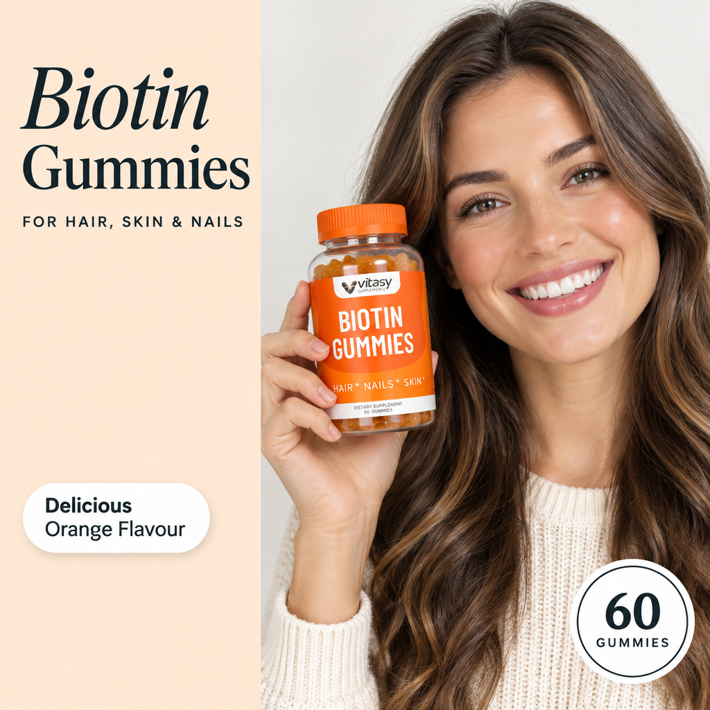 Woman holding Biotin Gummies Orange, for hair, skin and nails, 60 gummies