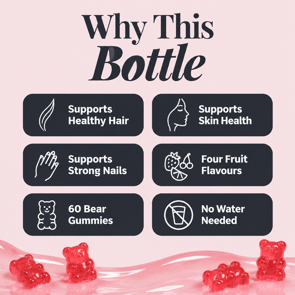 Why This Bottle: supports healthy hair, supports skin health, supports strong nails, four fruit flavours, 60 bear gummies, no water needed