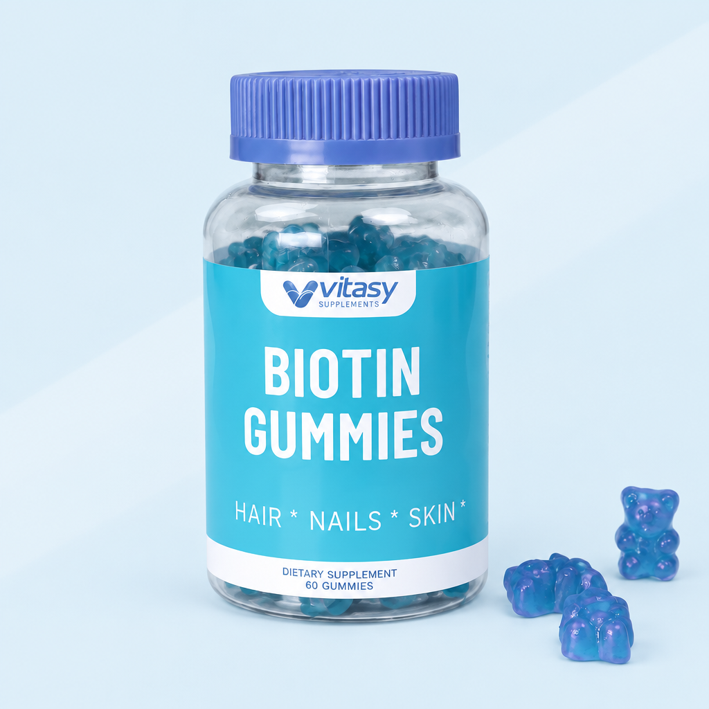 Biotin Gummies Blueberry packshot on pale ice blue background