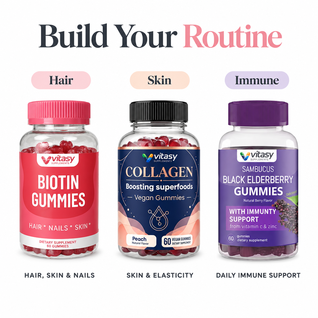 Build Your Routine: Biotin Gummies for hair, skin and nails, Collagen Gummies for skin and elasticity, Black Elderberry Gummies for daily immune support