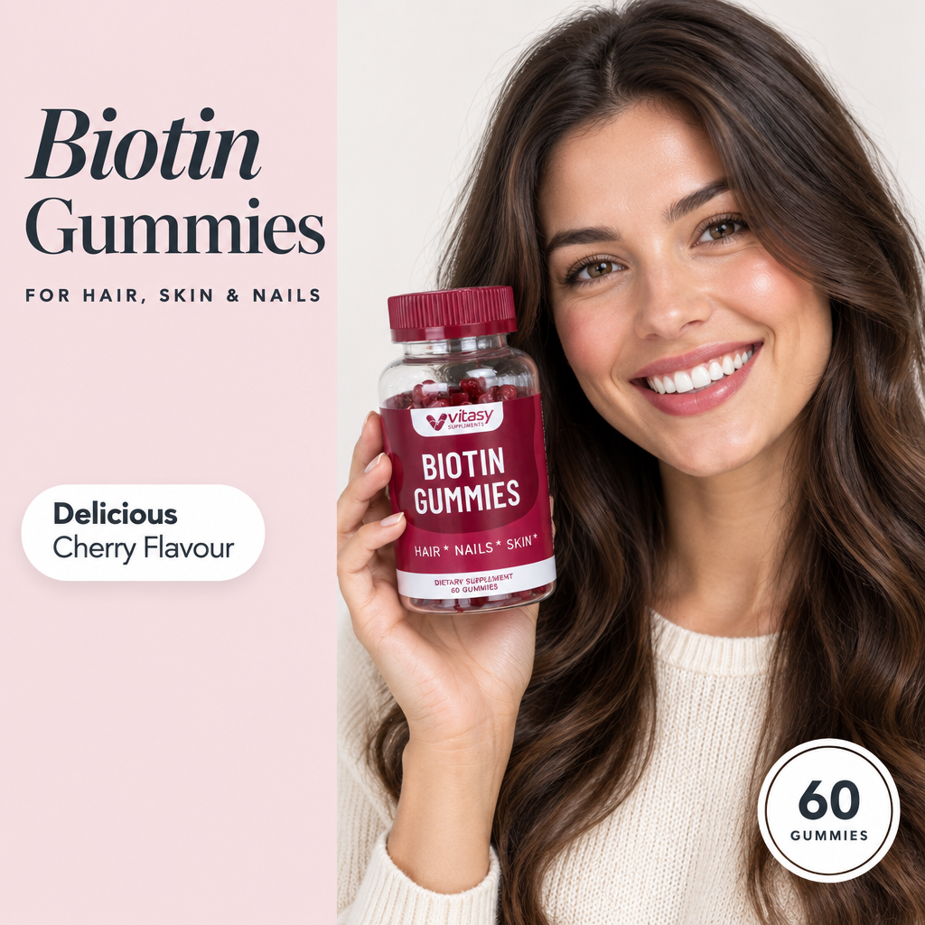 Woman holding Biotin Gummies Cherry, for hair, skin and nails, 60 gummies