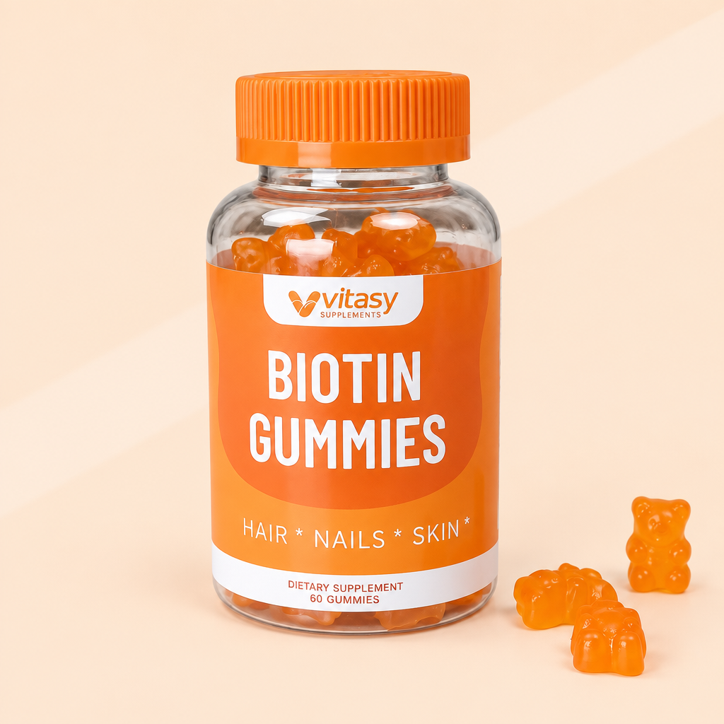 Biotin Gummies Orange packshot on soft peach background