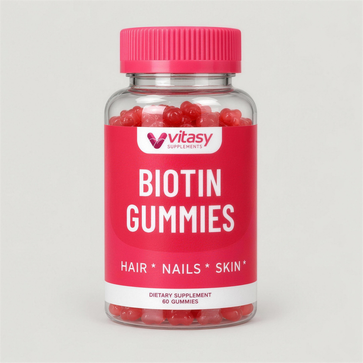 Vitasy Biotin Gummies strawberry bottle, 60 gummies