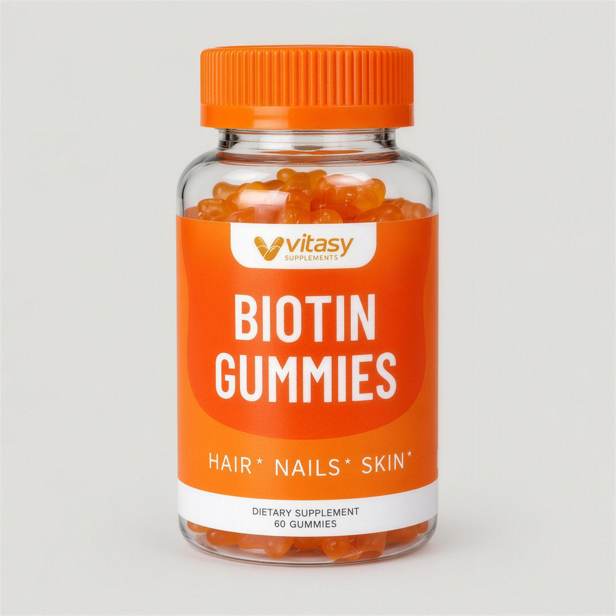 Vitasy Biotin Gummies orange bottle, 60 gummies