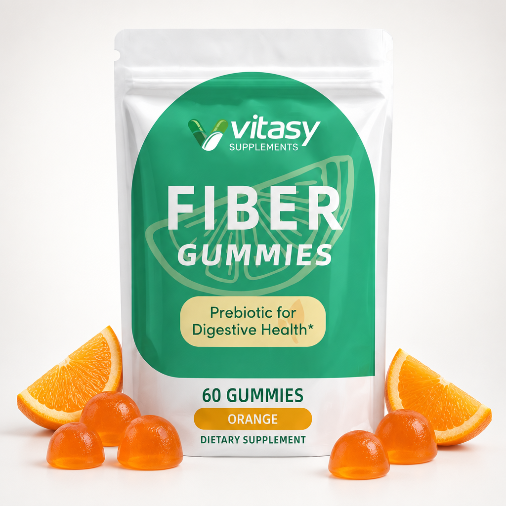 Fiber Gummies Orange pouch packshot on white with orange segments and gummies