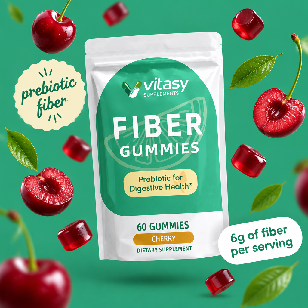 Fiber Gummies Cherry pouch with floating cherries and gummies, prebiotic fiber, 6g of fiber per serving
