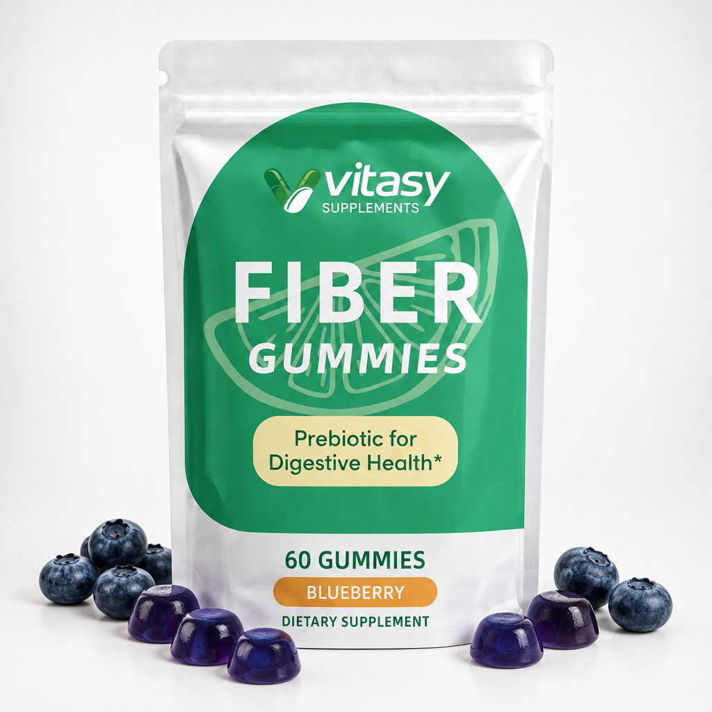Fiber Gummies Blueberry pouch packshot on white with blueberries and gummies