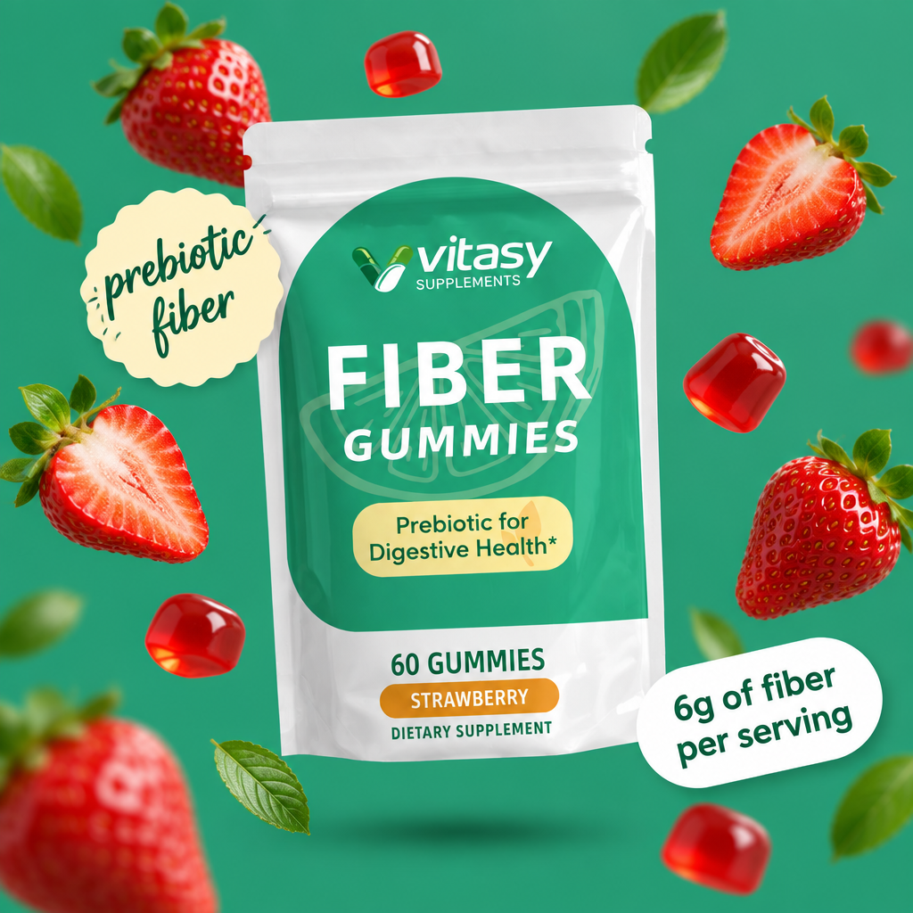 Fiber Gummies Strawberry pouch with floating strawberries and gummies, prebiotic fiber, 6g of fiber per serving