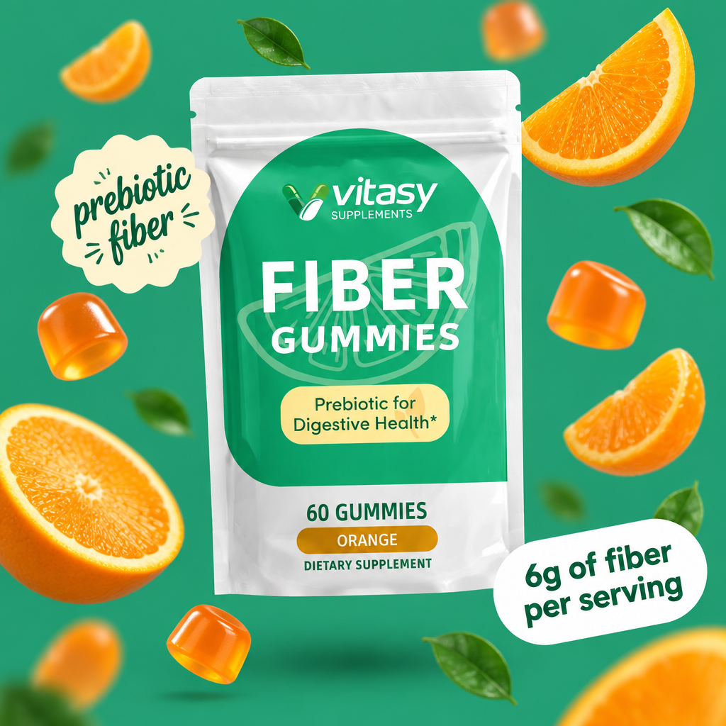 Fiber Gummies Orange pouch with floating orange slices and gummies, prebiotic fiber, 6g of fiber per serving