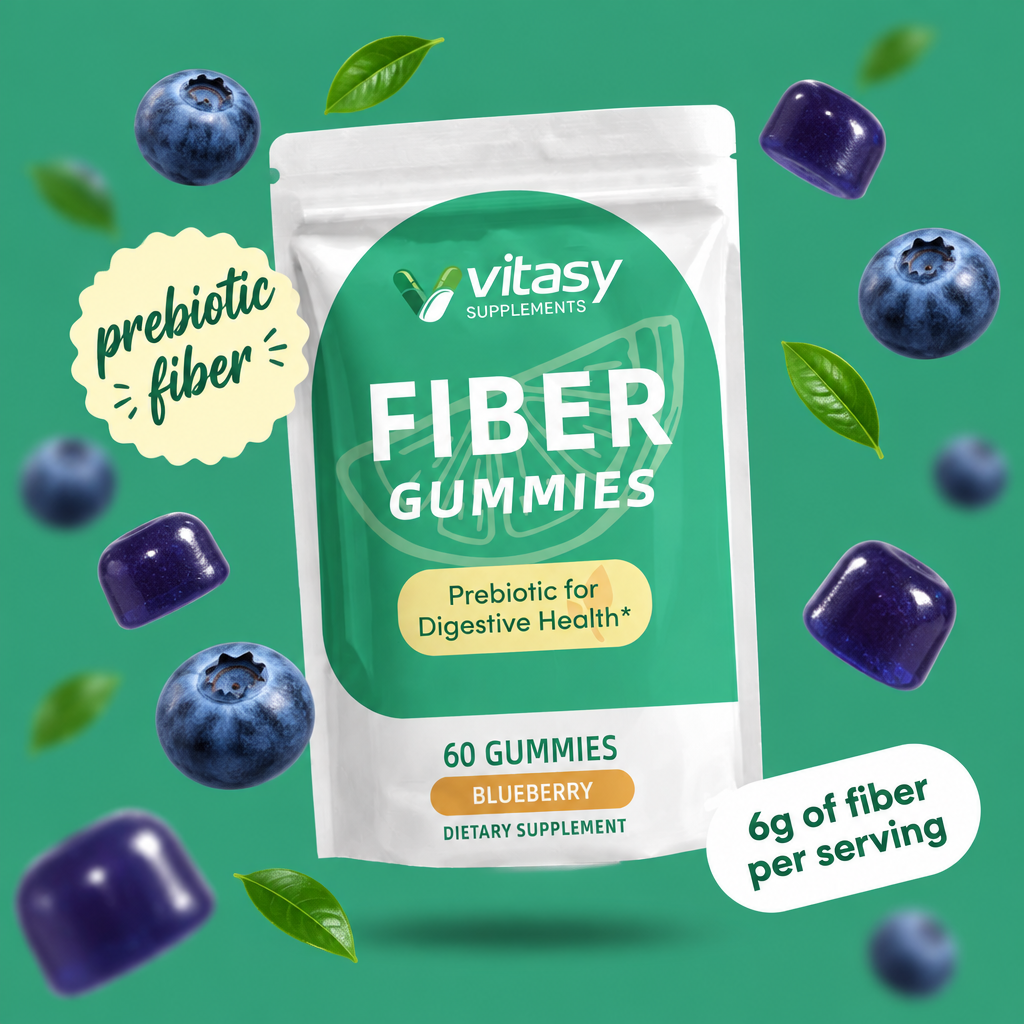 Fiber Gummies Blueberry pouch with floating blueberries and gummies, prebiotic fiber, 6g of fiber per serving