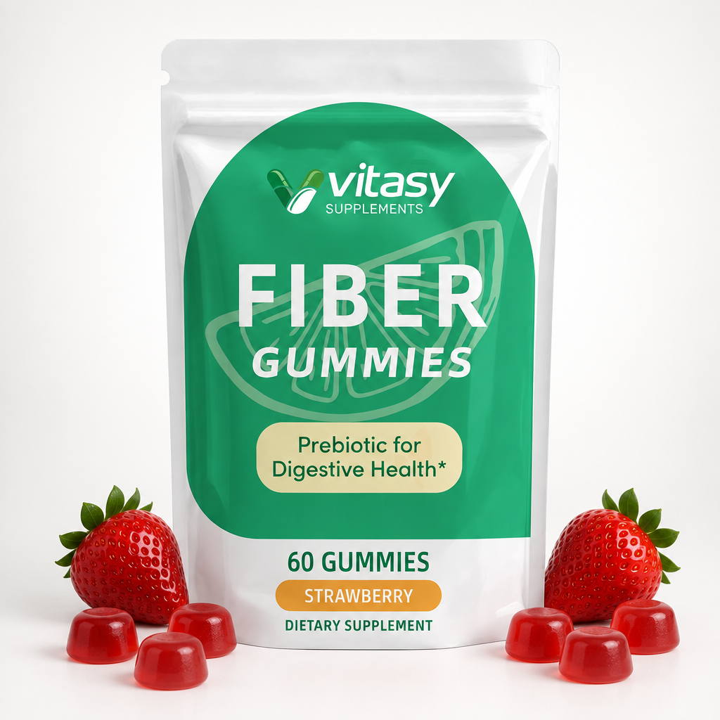 Fiber Gummies Strawberry pouch packshot on white with strawberries and gummies