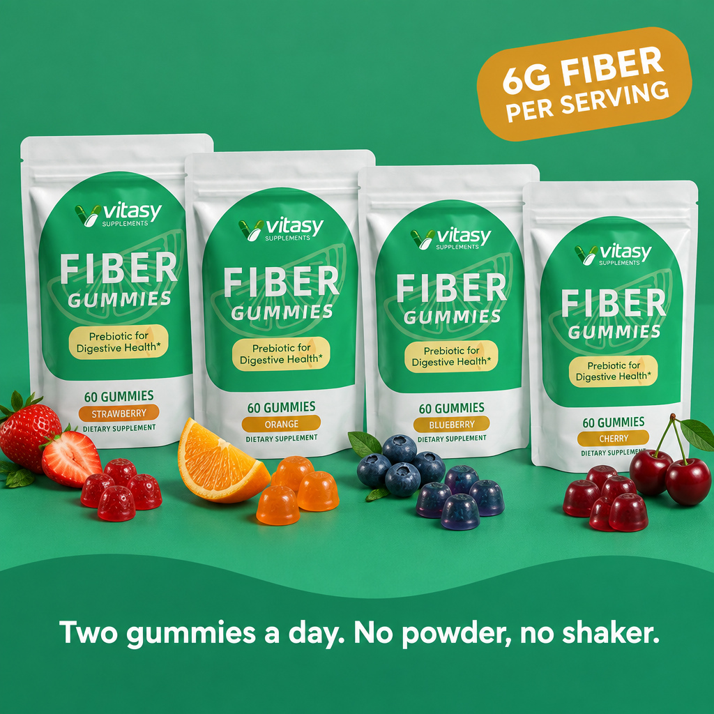 All four Fiber Gummies flavours together: Strawberry, Orange, Blueberry and Cherry. 6g fiber per serving. Two gummies a day, no powder, no shaker