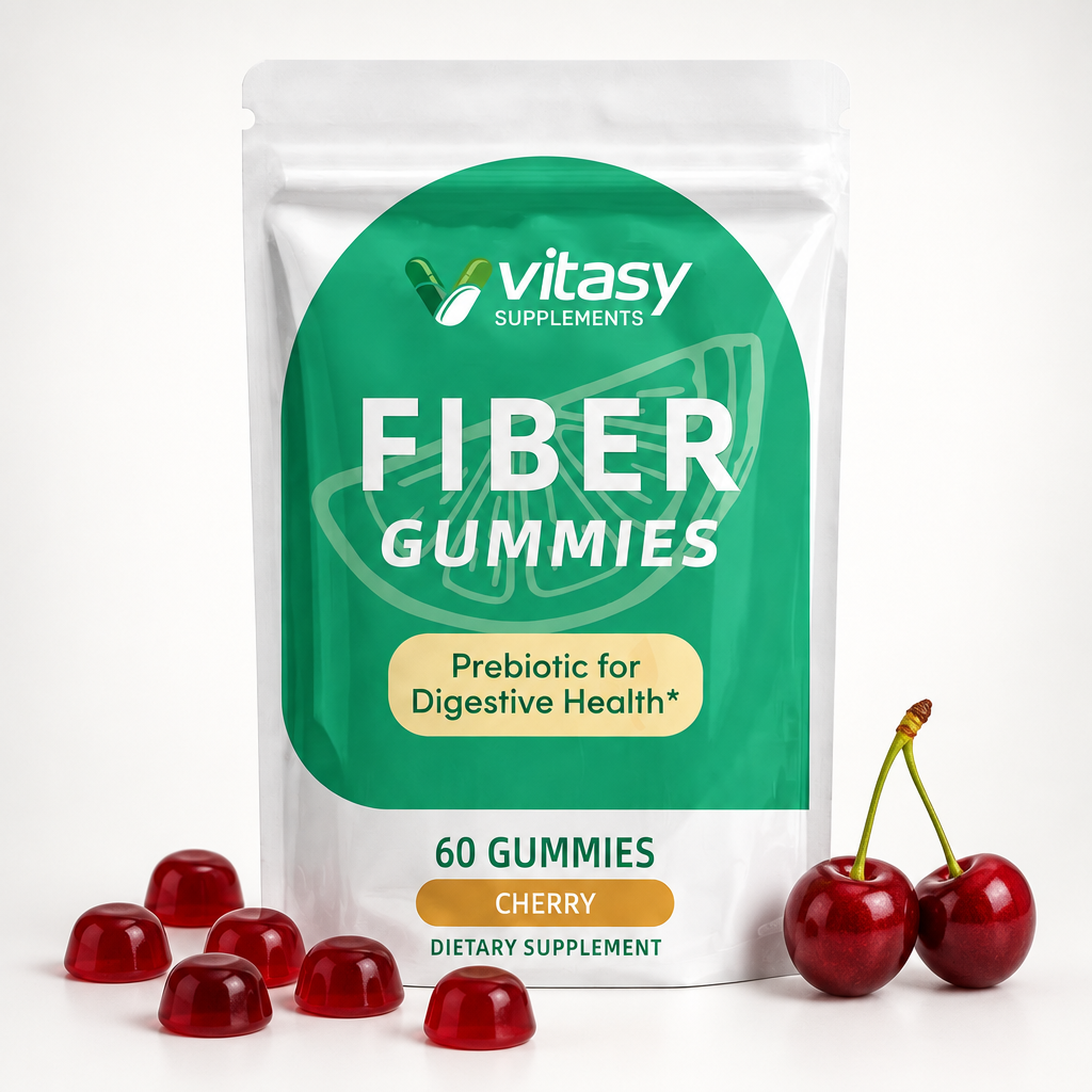 Fiber Gummies Cherry pouch packshot on white with cherries and gummies
