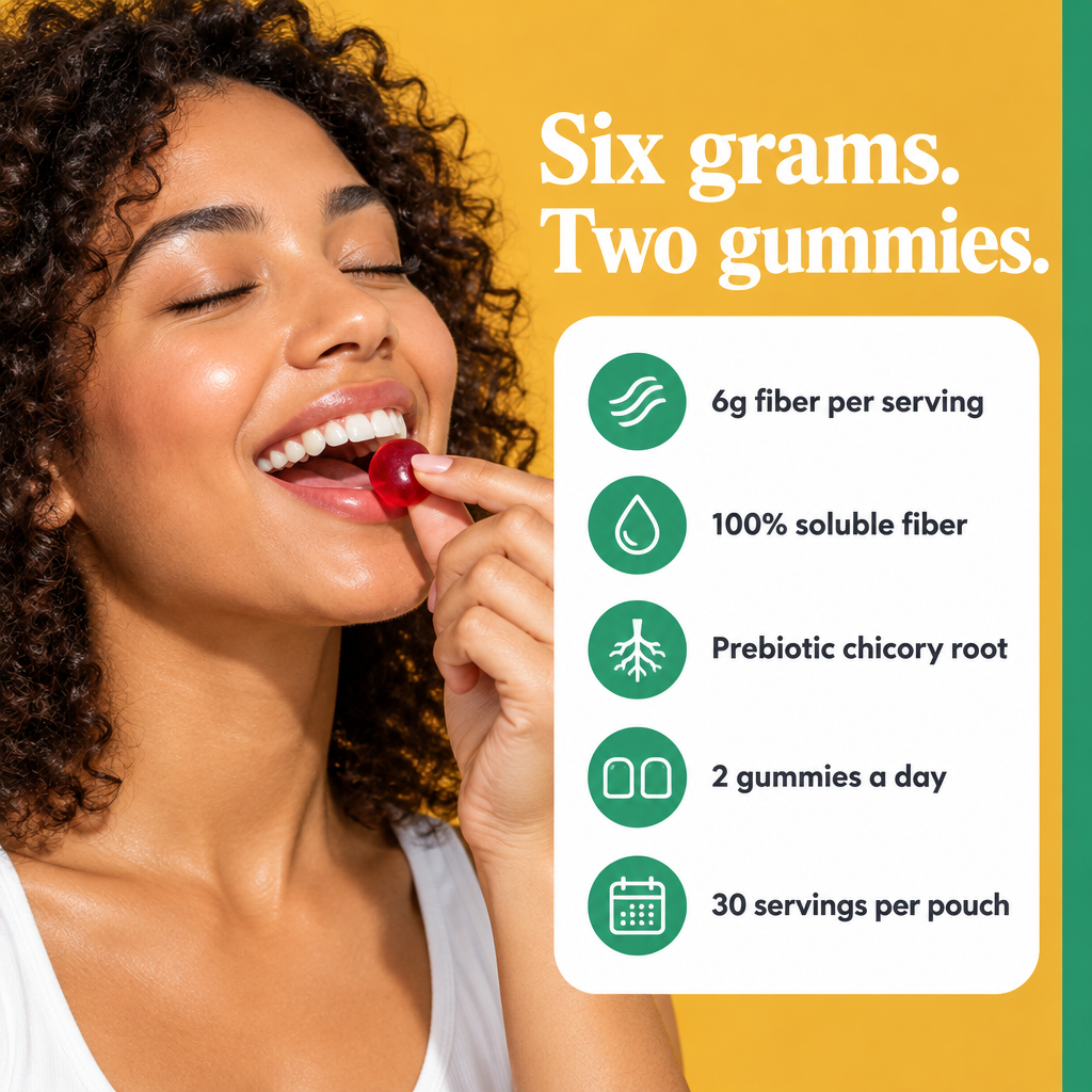 Six grams, two gummies: 6g fiber per serving, 100% soluble fiber, prebiotic chicory root, 2 gummies a day, 30 servings per pouch