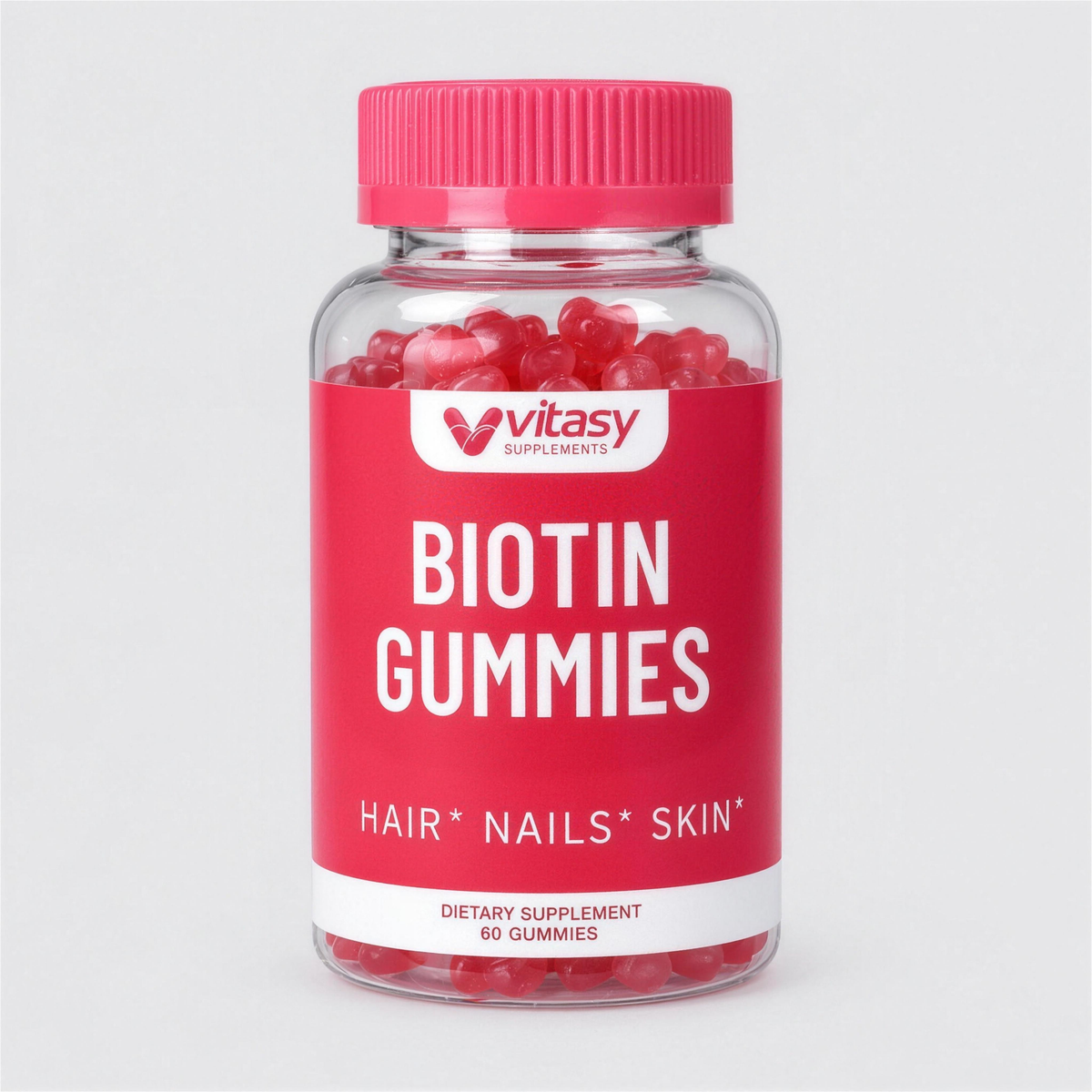 Vitasy Biotin Gummies strawberry bottle, 60 gummies