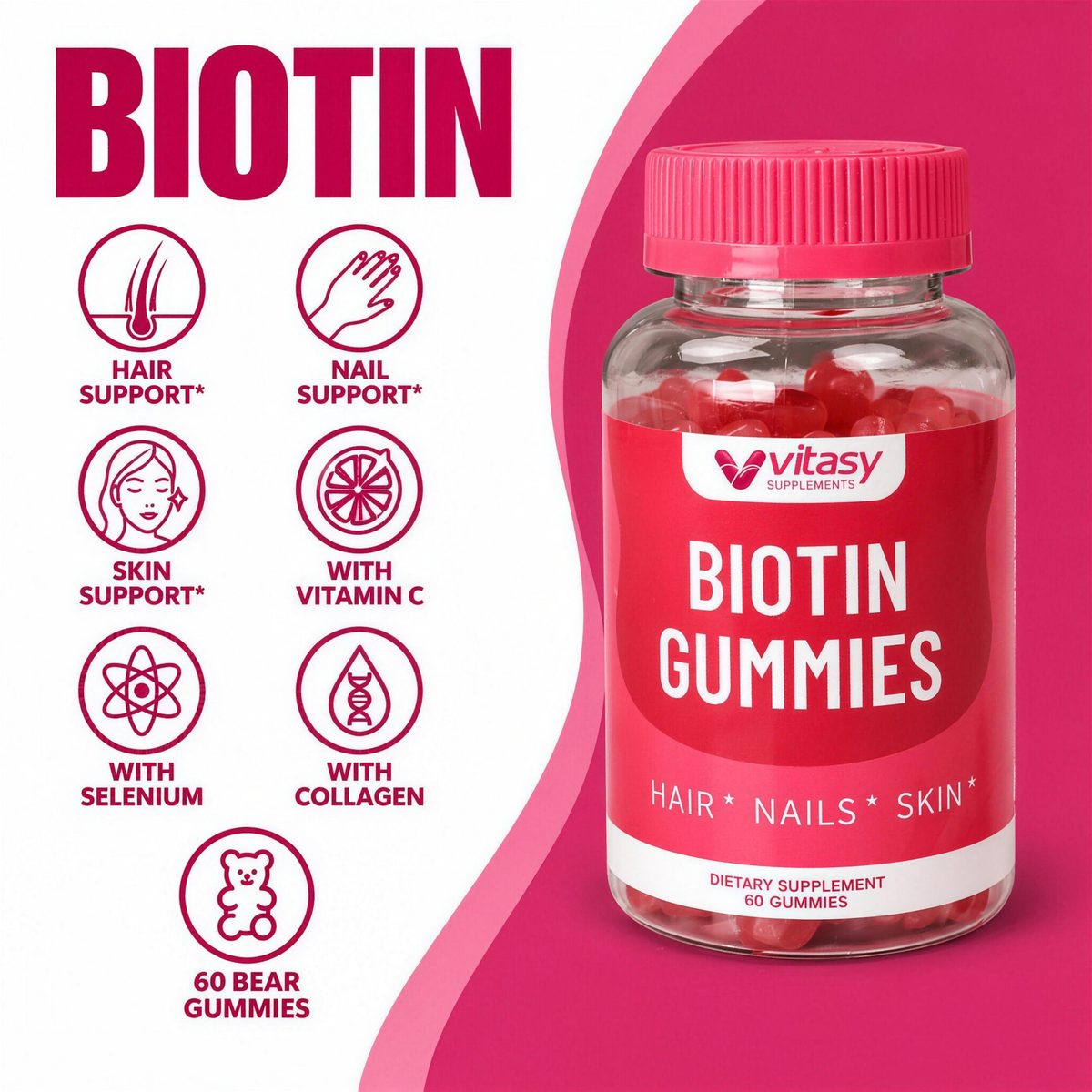 Biotin Gummies with vitamin C, selenium and collagen for hair, skin and nail support