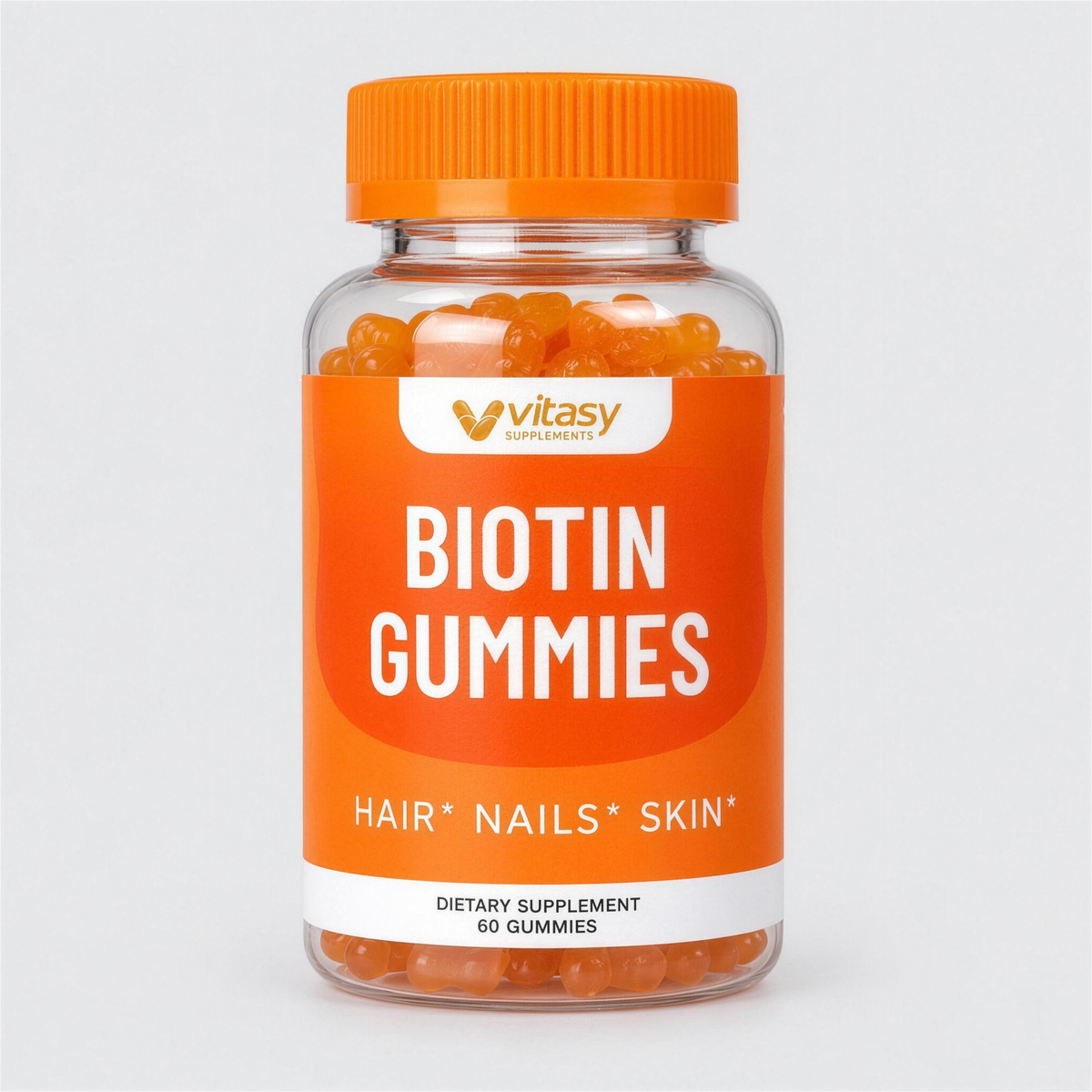 Vitasy Biotin Gummies orange bottle, 60 gummies