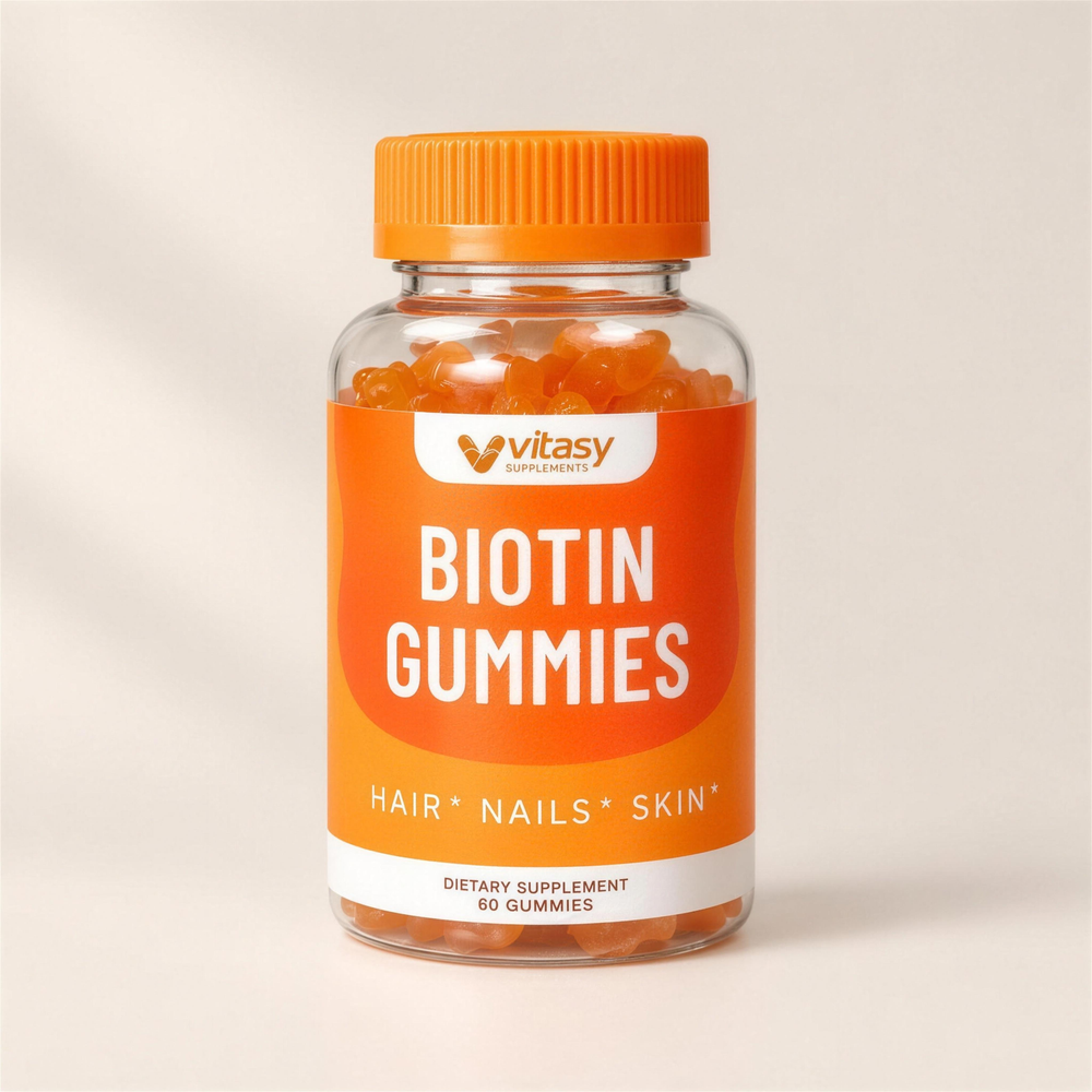 Vitasy Biotin Gummies orange bottle, 60 gummies