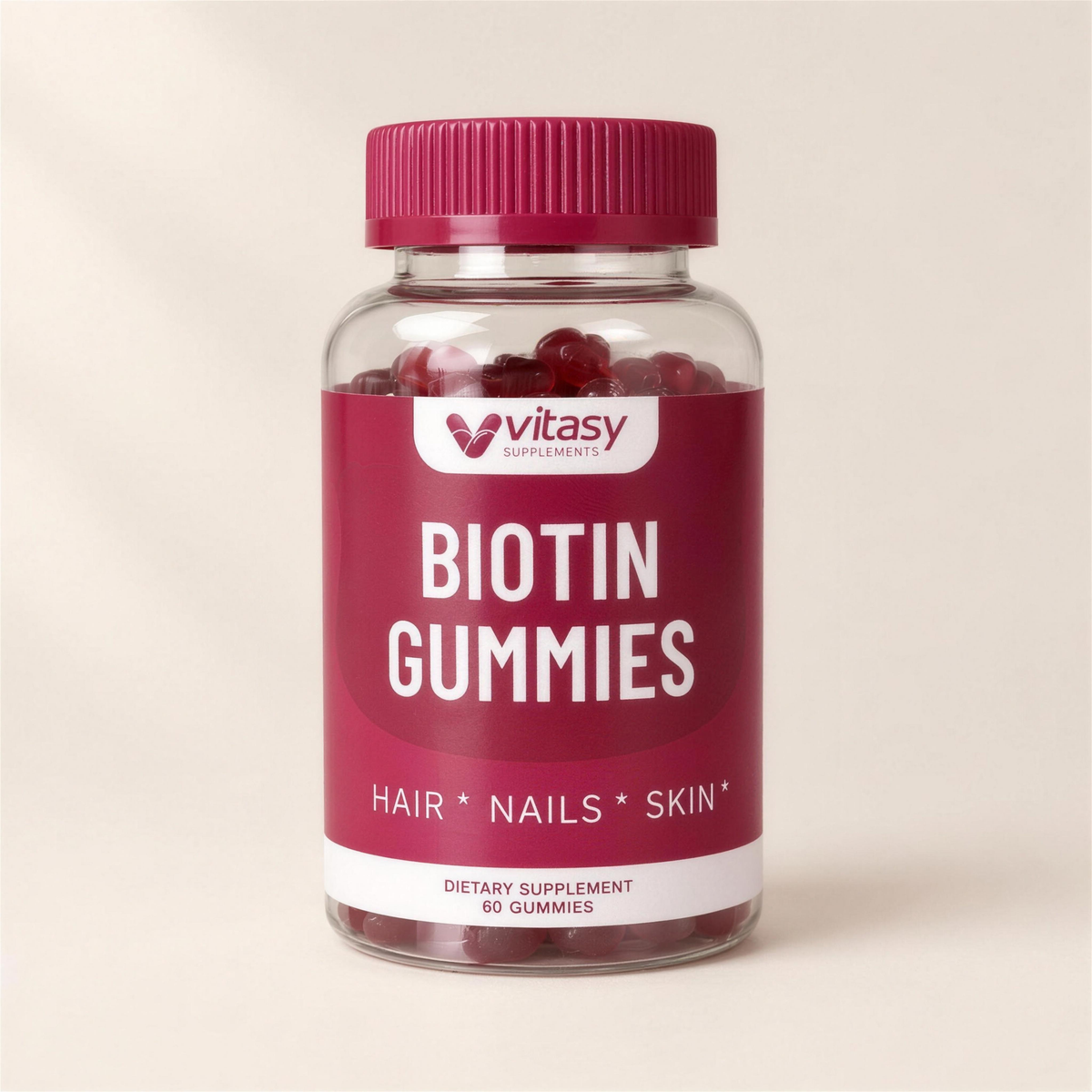 Vitasy Biotin Gummies cherry bottle, 60 gummies