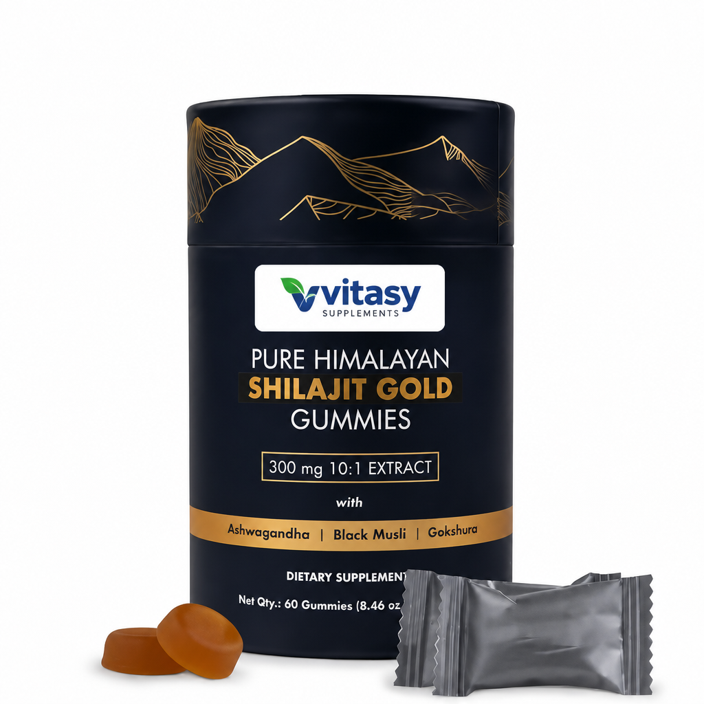 Shilajit Gold Gummies tube packshot with amber gummies, 300 mg 10:1 shilajit extract, 60 gummies