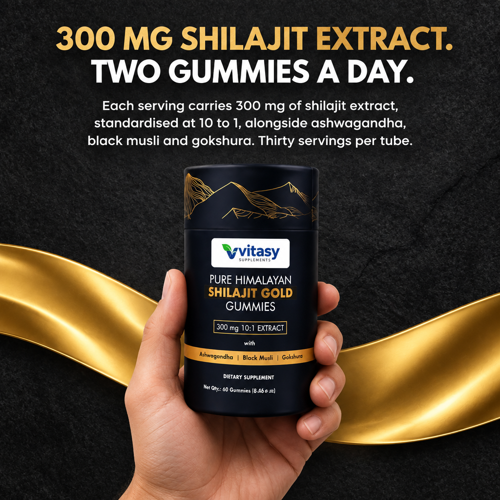 300 mg shilajit extract, two gummies a day. Each serving carries 300 mg of shilajit extract standardised at 10 to 1, alongside ashwagandha, black musli and gokshura. Thirty servings per tube