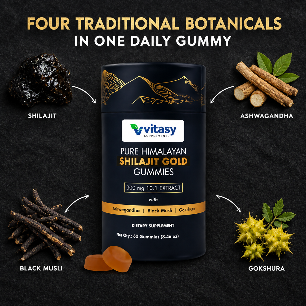 Four traditional botanicals in one daily gummy: shilajit, ashwagandha, black musli and gokshura, shown around the Shilajit Gold Gummies tube