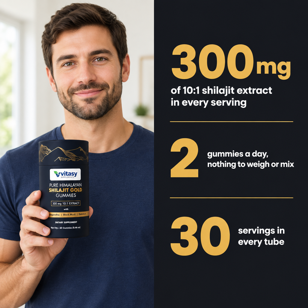300 mg of 10:1 shilajit extract in every serving, 2 gummies a day with nothing to weigh or mix, 30 servings in every tube