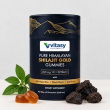 Shilajit Gold Gummies tube on an off-white surface with raw shilajit resin, amber gummies and a green sprig