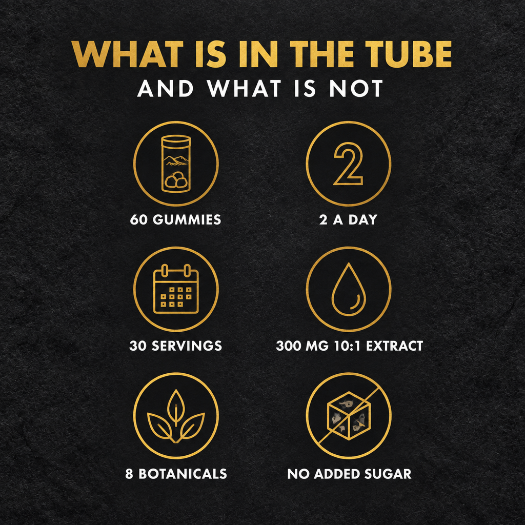 What is in the tube and what is not: 60 gummies, 2 a day, 30 servings, 300 mg 10:1 extract, 8 botanicals, no added sugar