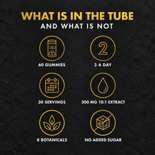 What is in the tube and what is not: 60 gummies, 2 a day, 30 servings, 300 mg 10:1 extract, 8 botanicals, no added sugar