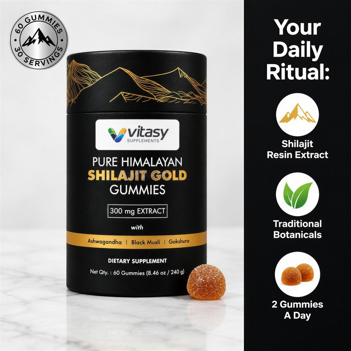 Your daily ritual: shilajit resin extract, traditional botanicals, 2 gummies a day