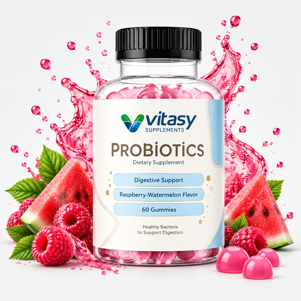Probiotics Gummies Raspberry-Watermelon bottle with a raspberry-pink splash, fresh raspberries, watermelon wedges and pink gummies