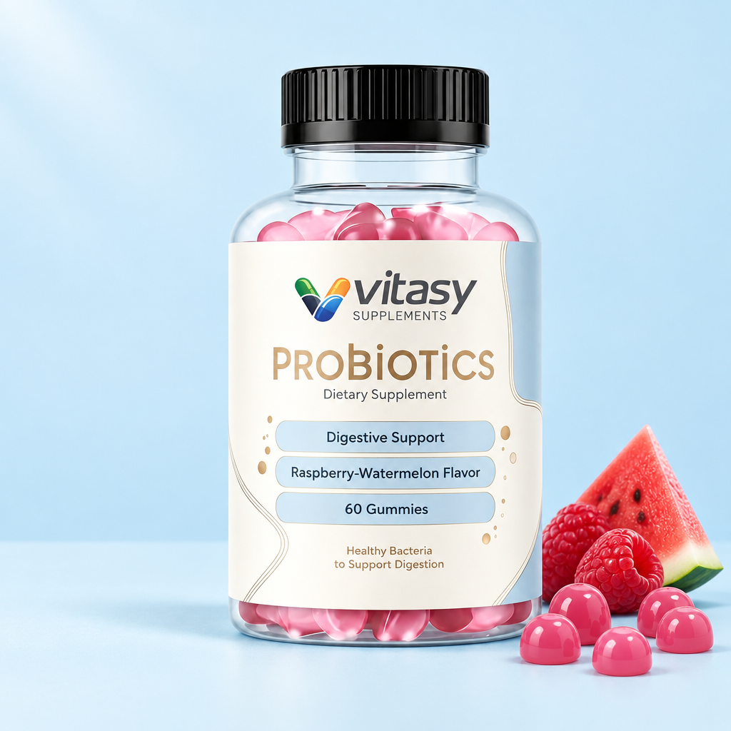 Probiotics Gummies Raspberry-Watermelon bottle packshot on a pale blue background with pink gummies, raspberries and watermelon