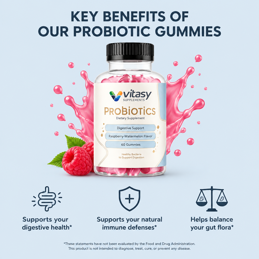 Key benefits of our probiotic gummies: supports your digestive health, supports your natural immune defenses, helps balance your gut flora. These statements have not been evaluated by the Food and Drug Administration