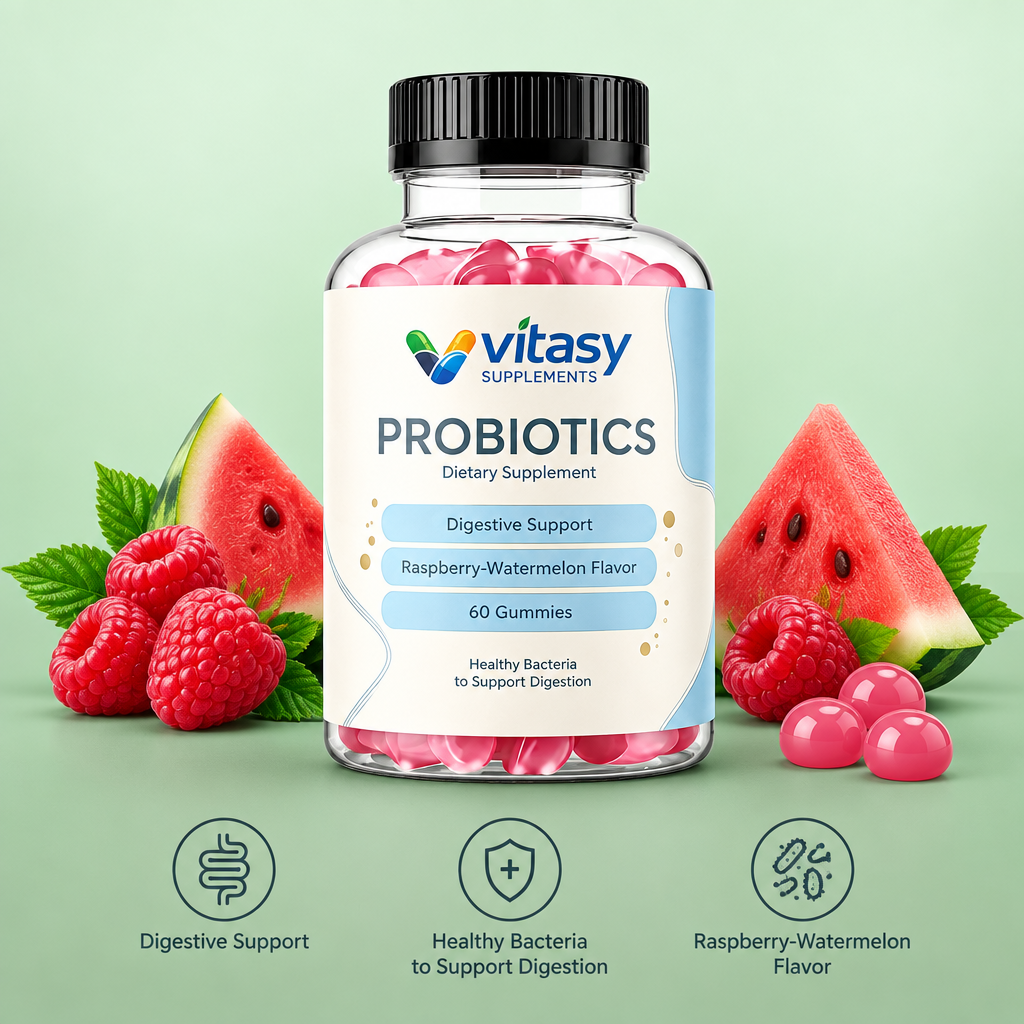Probiotics Gummies Raspberry-Watermelon bottle with raspberries and watermelon, and three icons: digestive support, healthy bacteria to support digestion, raspberry-watermelon flavor