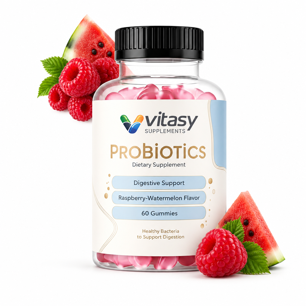 Vitasy Probiotics Gummies Raspberry-Watermelon bottle with raspberries and watermelon