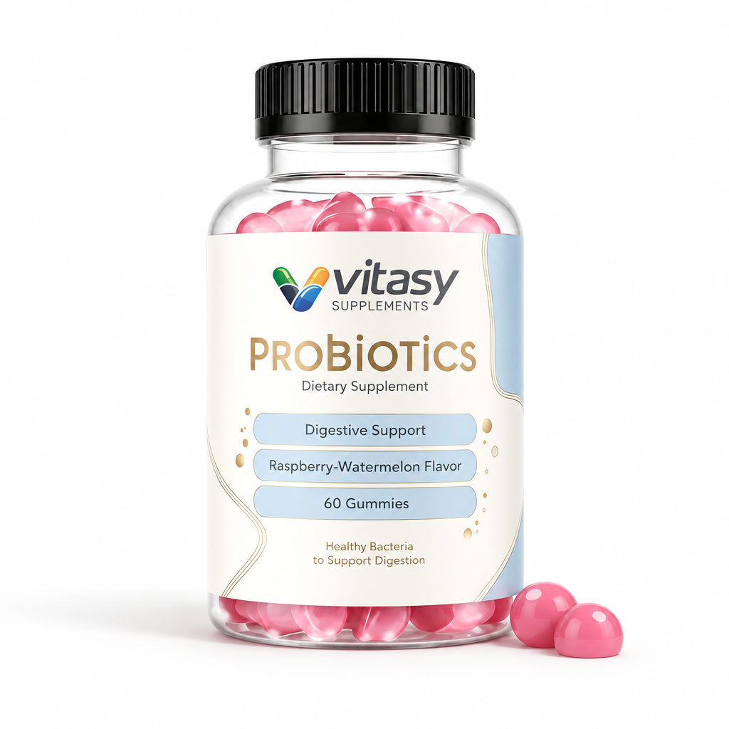 Vitasy Probiotics Gummies Raspberry-Watermelon bottle with two gummies