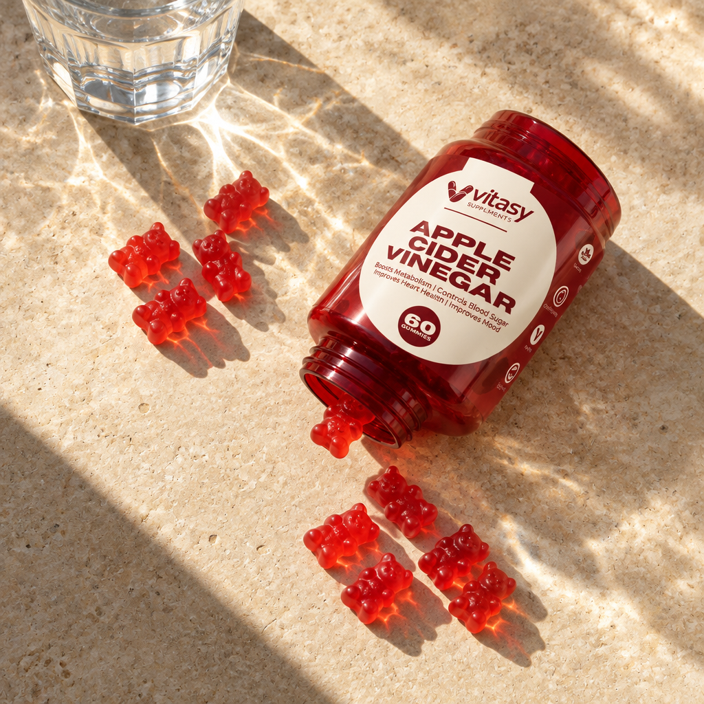 Open bottle of Vitasy Apple Cider Vinegar Gummies with gummies spilled on stone beside a glass of water