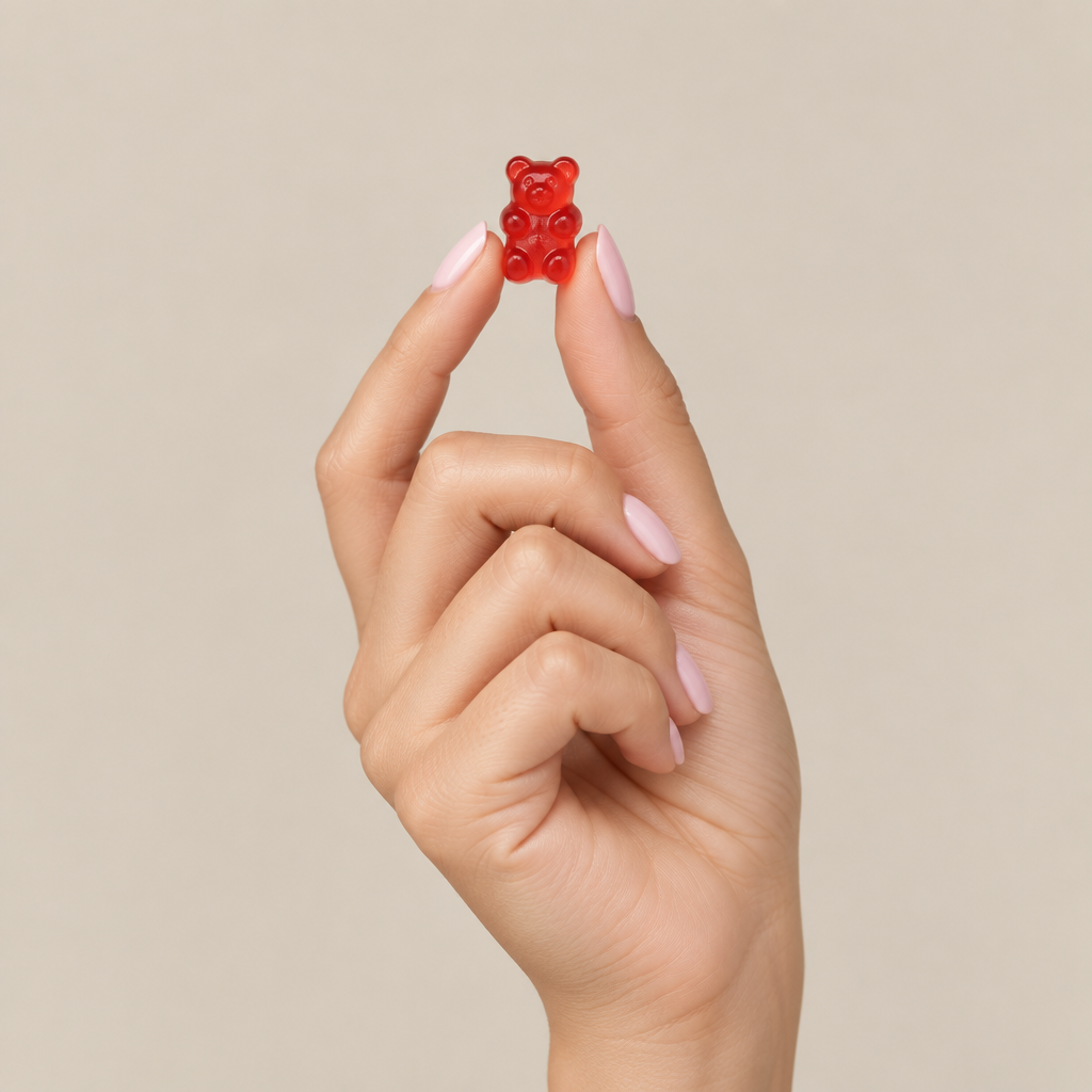 Hand holding a single red apple cider vinegar gummy bear