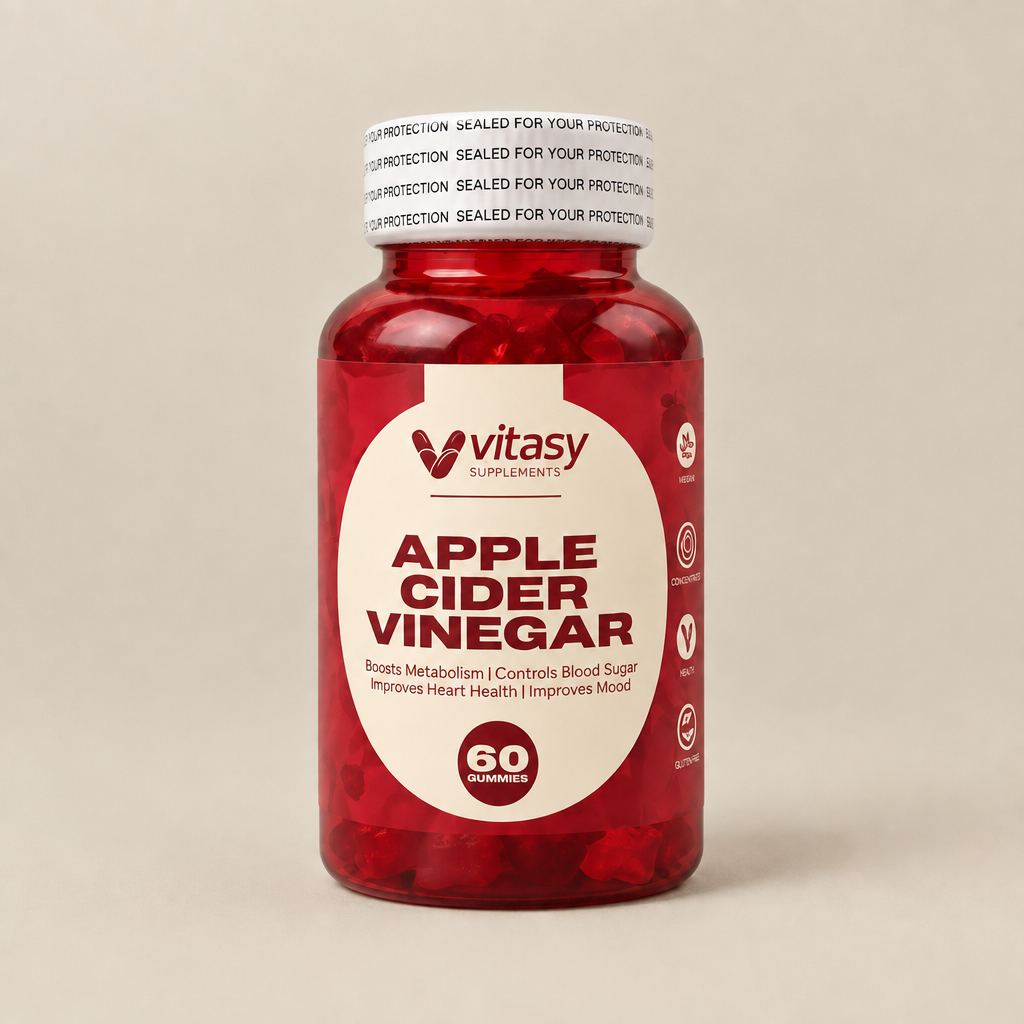 Vitasy Apple Cider Vinegar Gummies bottle, 60 gummies, on warm beige background